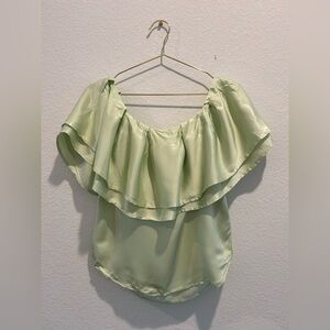 Brigitte Herskind light green tiered off the shoulder satin silk blouse top